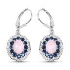 Natural Pink Opal & Blue Sapphire Dangle Earrings Rhodium Plated Silver