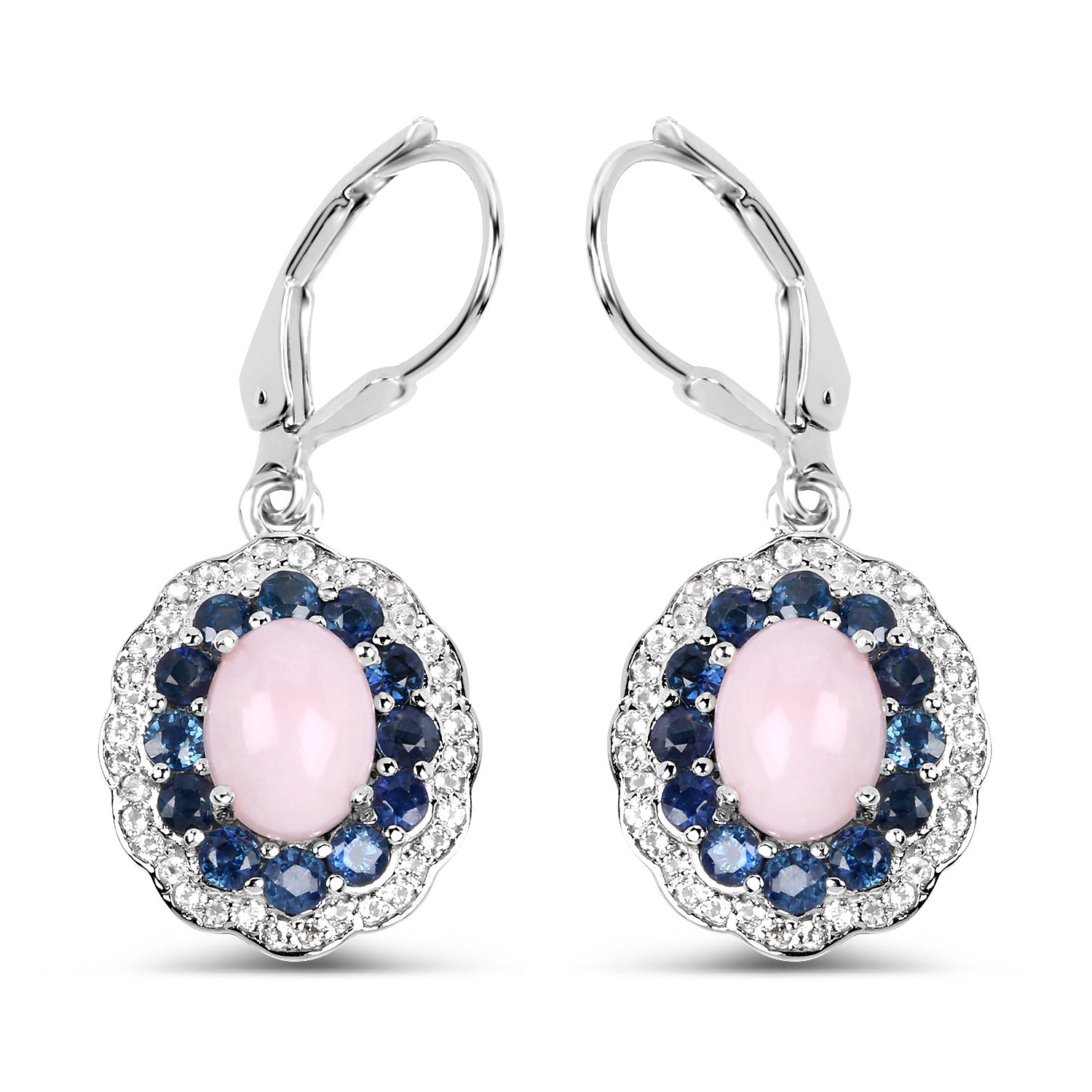 Natural Pink Opal & Blue Sapphire Dangle Earrings Rhodium Plated Silver