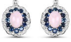 Natural Pink Opal & Blue Sapphire Dangle Earrings Rhodium Plated Silver