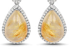 Natural Cabochon Golden Rutile Quartz Dangle Earrings Set With Topaz