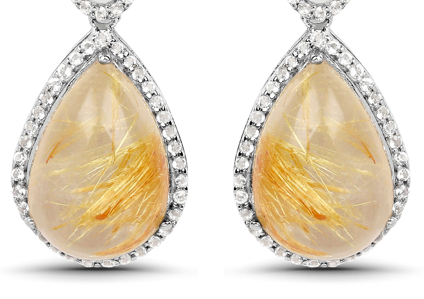 Natural Cabochon Golden Rutile Quartz Dangle Earrings Set With Topaz