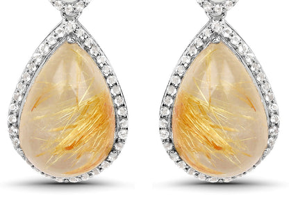 Natural Cabochon Golden Rutile Quartz Dangle Earrings Set With Topaz