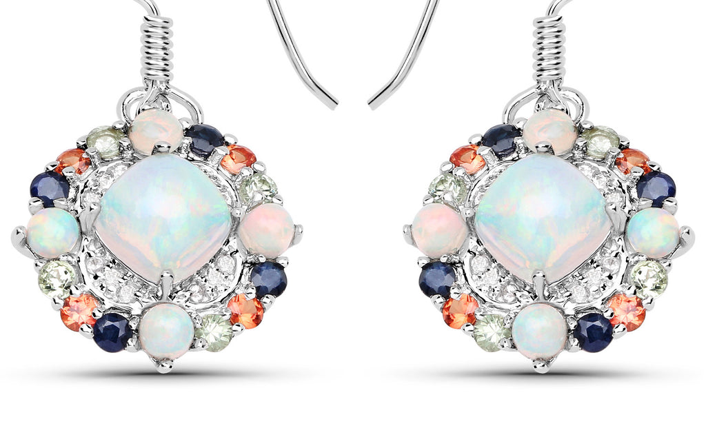 Natural Ethiopian Opal Dangle Earrings Set With Multicolored Sapphires