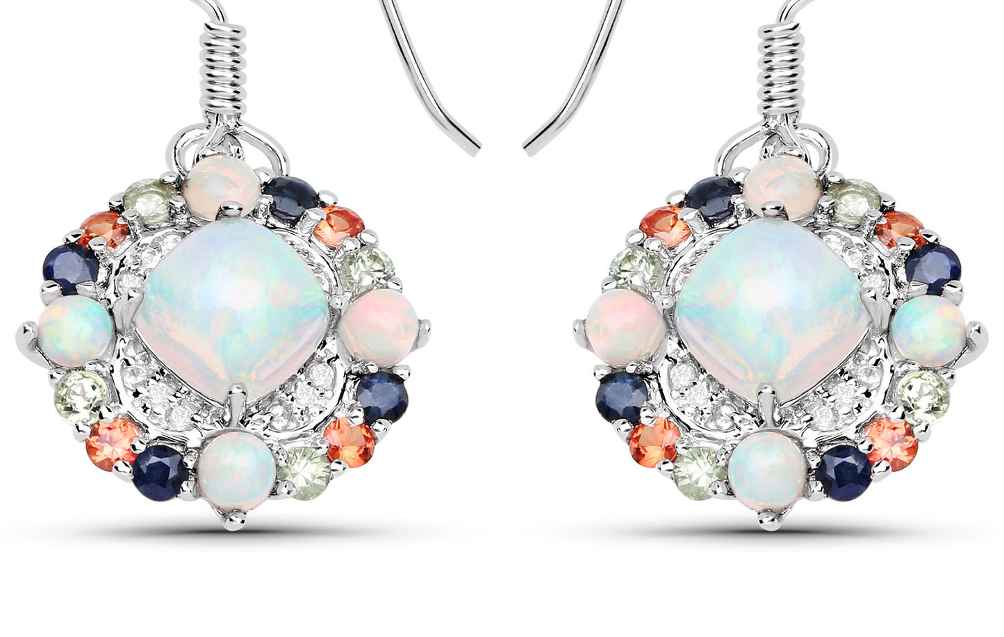Natural Ethiopian Opal Dangle Earrings Set With Multicolored Sapphires