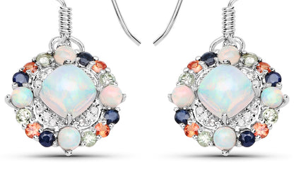 Natural Ethiopian Opal Dangle Earrings Set With Multicolored Sapphires