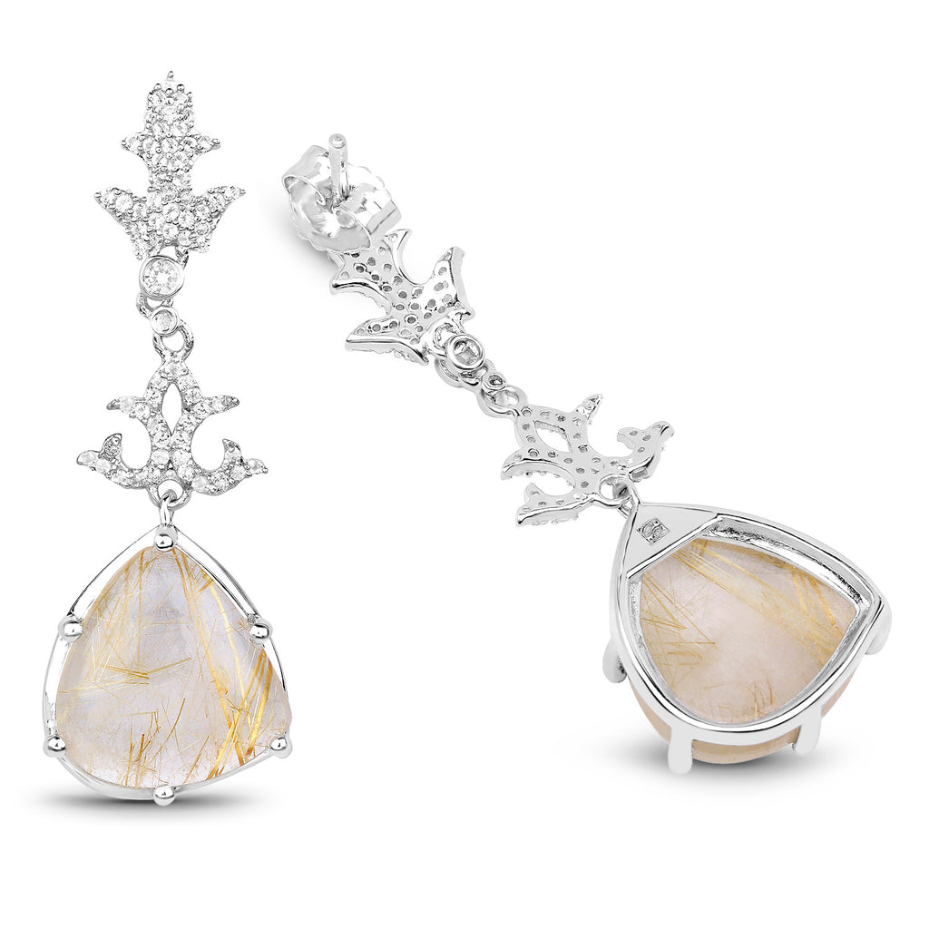 Natural Golden Rutile Quartz Dangle Earrings Set With Topaz