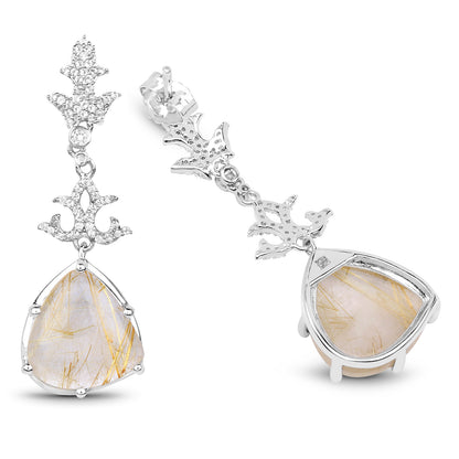Natural Golden Rutile Quartz Dangle Earrings Set With Topaz