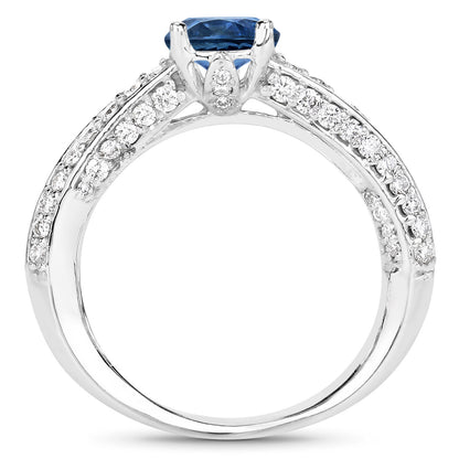 Blue Sapphire Ring With Diamonds 1.60 Carats 14K White Gold