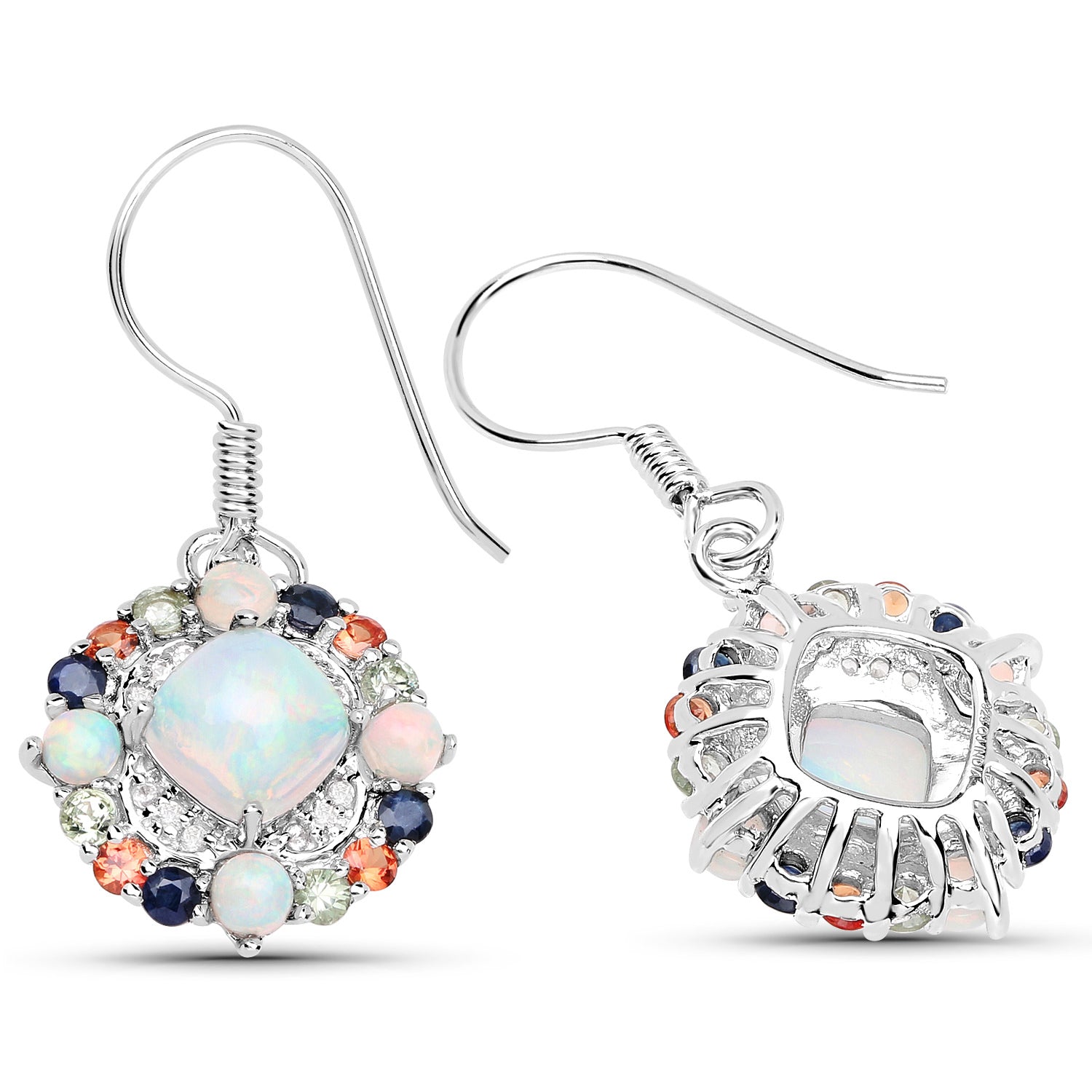 Natural Ethiopian Opal Dangle Earrings Set With Multicolored Sapphires
