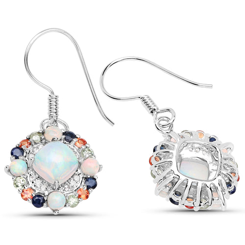 Natural Ethiopian Opal Dangle Earrings Set With Multicolored Sapphires