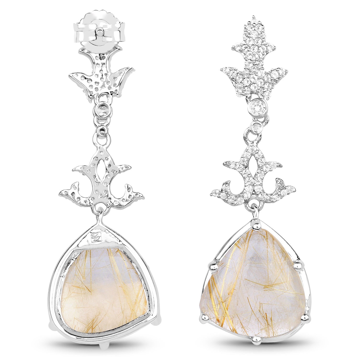 Natural Golden Rutile Quartz Dangle Earrings Set With Topaz
