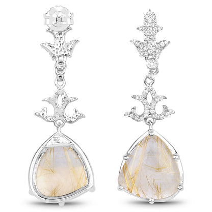 Natural Golden Rutile Quartz Dangle Earrings Set With Topaz