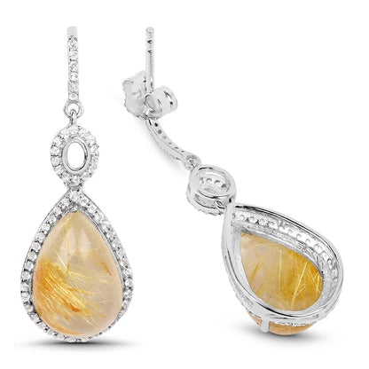 Natural Cabochon Golden Rutile Quartz Dangle Earrings Set With Topaz
