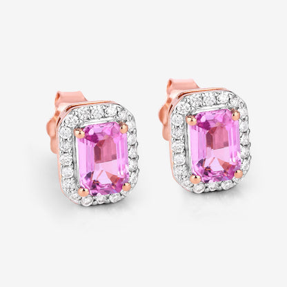 Natural Pink Sapphire & Diamond Halo Earrings Total 1.50 Carats 14K Rose Gold