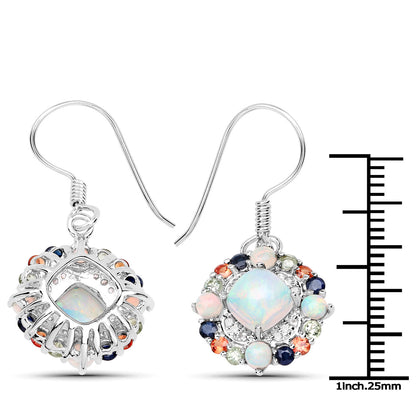 Natural Ethiopian Opal Dangle Earrings Set With Multicolored Sapphires