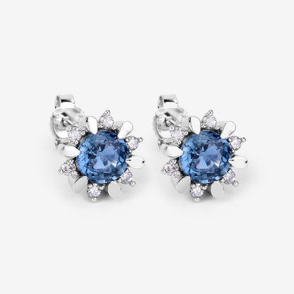 Natural Blue Sapphire and Diamond Stud Earrings Total 1.90 Carats 14K White Gold