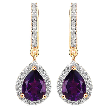 Amethyst Dangle Earrings White Topaz 2.28 Carats 18K Yellow Gold Plated Silver