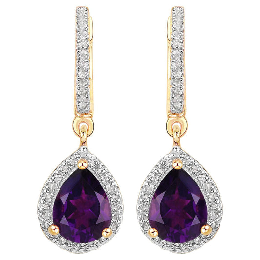 Amethyst Dangle Earrings White Topaz 2.28 Carats 18K Yellow Gold Plated Silver