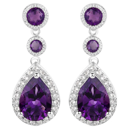 Amethyst Dangle Earrings White Topaz 6.98 Carats 18K White Gold Plated Silver