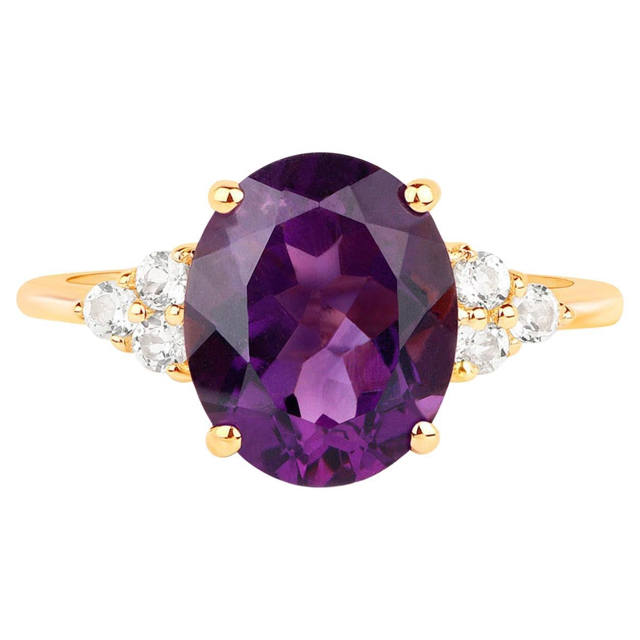 Amethyst Ring With White Topazes 3.4 Carats 14K Yellow Gold Plated Silver