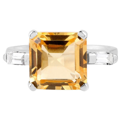 Asscher Cut Citrine Ring White Topaz 4.89 Carats