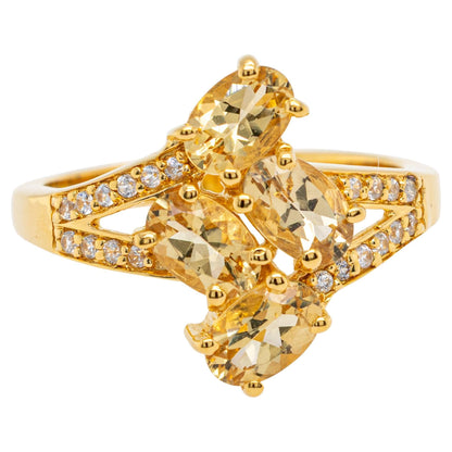 Beryl Bypass Ring Zircon Setting 1.75 Carats 24K Yellow Gold Plated Silver