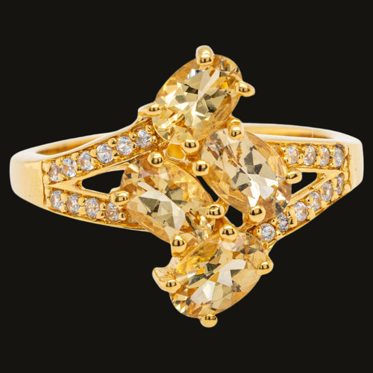 Beryl Bypass Ring Zircon Setting 1.75 Carats 24K Yellow Gold Plated Silver