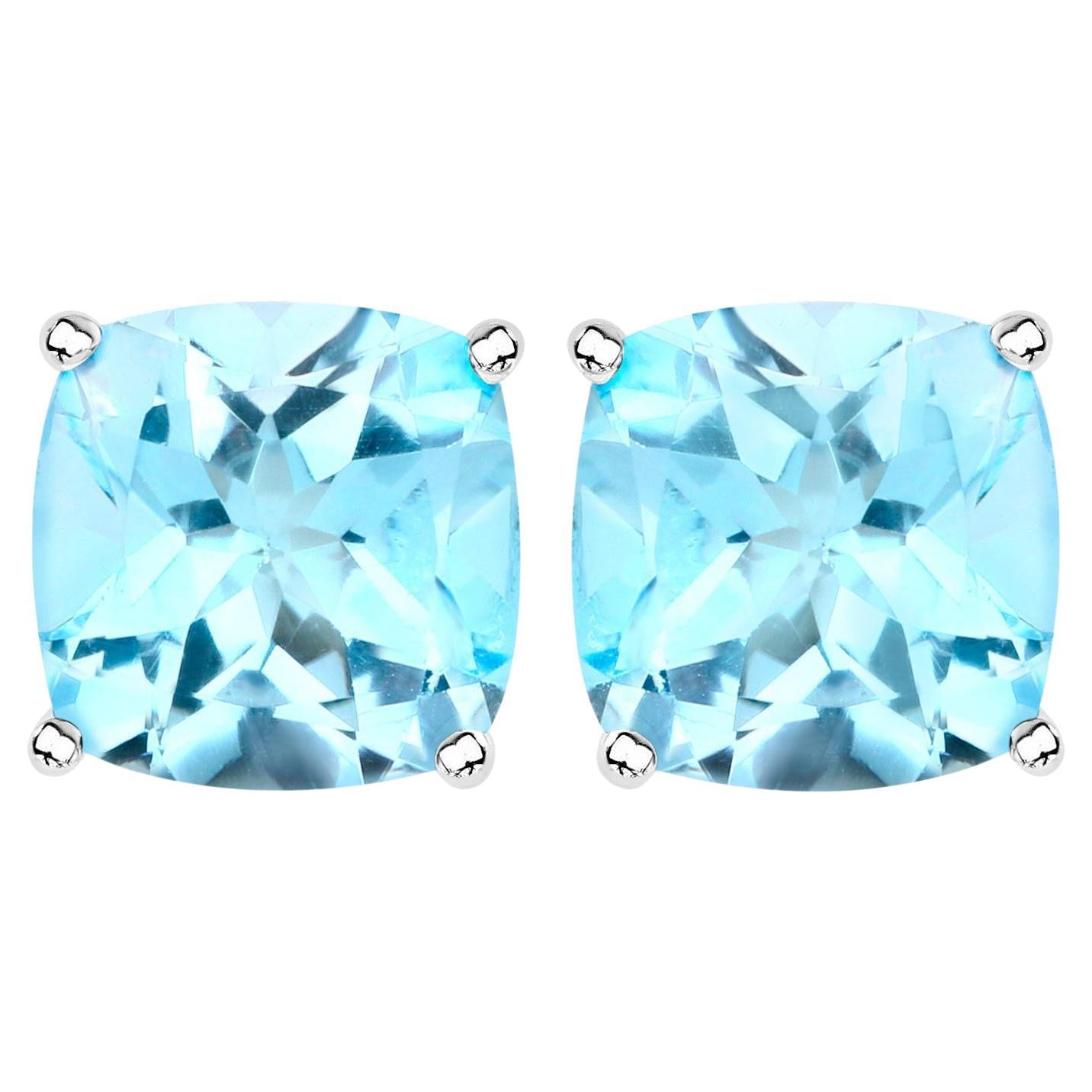 Blue Topaz Stud Earrings 6.8 Carats Rhodium Plated Silver