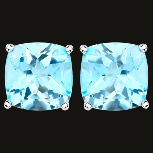 Blue Topaz Stud Earrings 6.8 Carats Rhodium Plated Silver