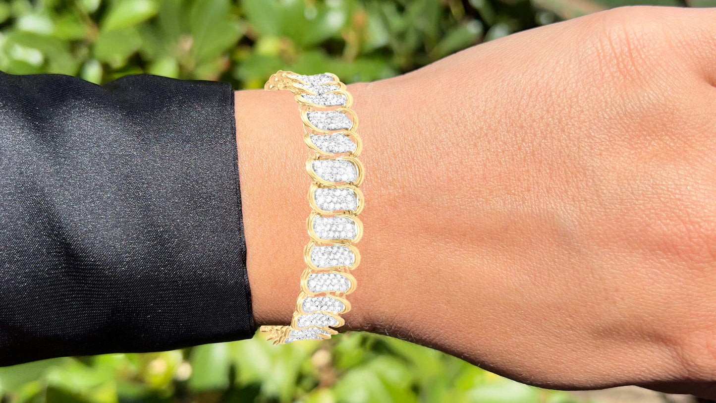 Wide Diamond Link Bracelet Round Brilliant Cut 5 Carats 10K Yellow Gold