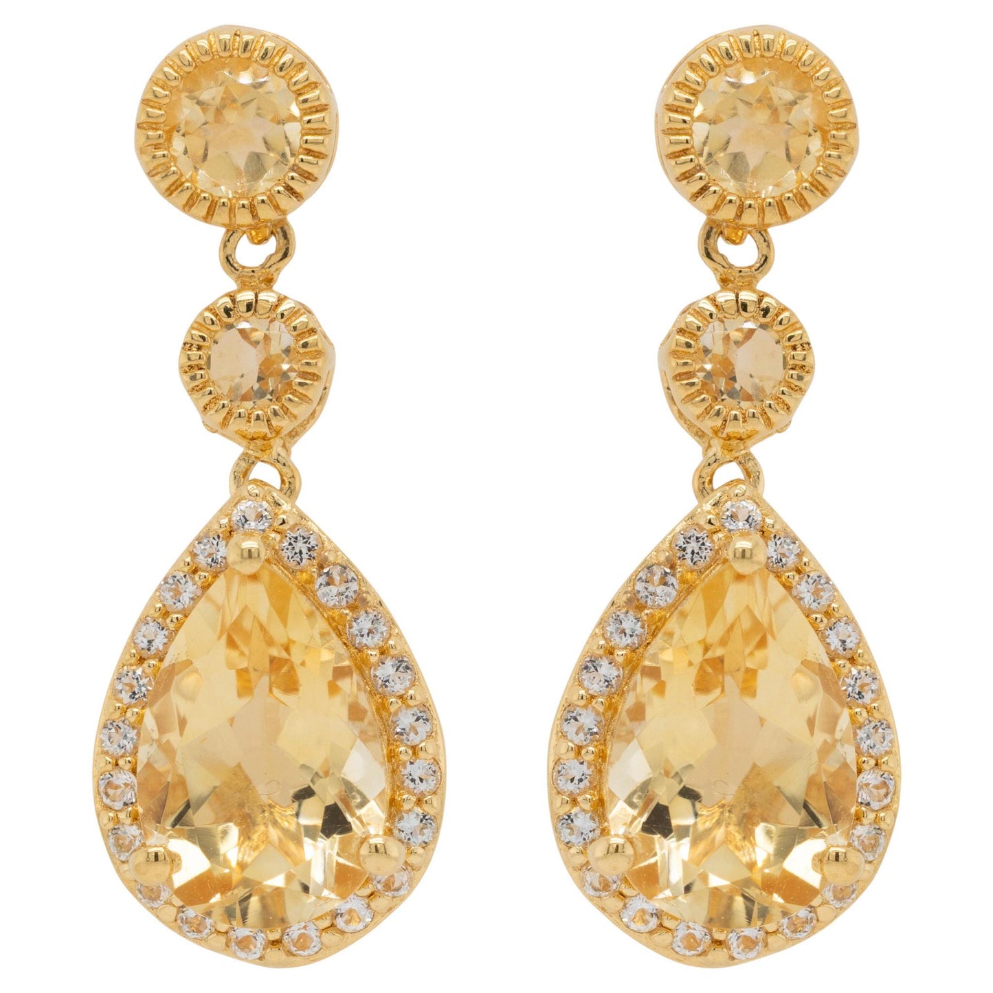 Citrine Dangle Earrings White Topazes 7.06 Carats 24K Yellow Gold Plated Silver