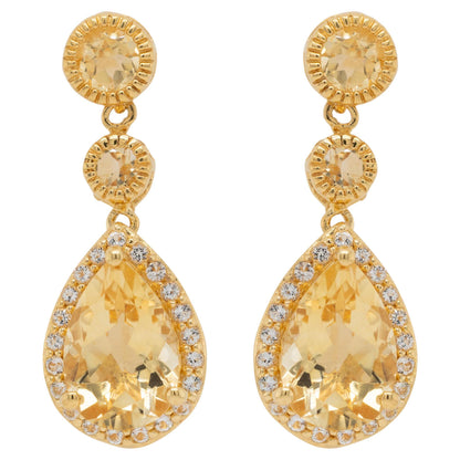 Citrine Dangle Earrings White Topazes 7.06 Carats 24K Yellow Gold Plated Silver