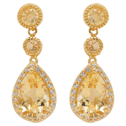 Citrine Dangle Earrings White Topazes 7.06 Carats 24K Yellow Gold Plated Silver