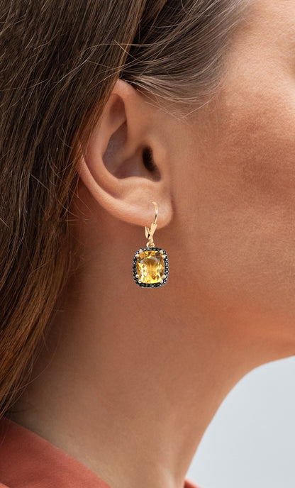 Citrine Dangle Earrings Black Spinel Halo 8.9 Carats 14K Yellow Gold Plated