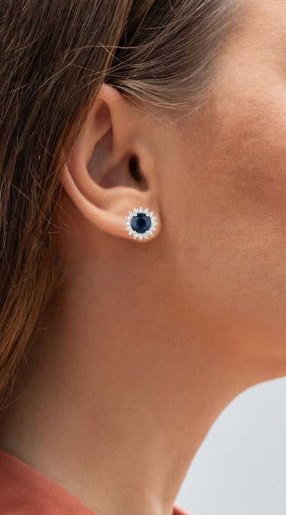 Blue Sapphire Halo Earrings Diamonds 2.3 Carats 14K White Gold