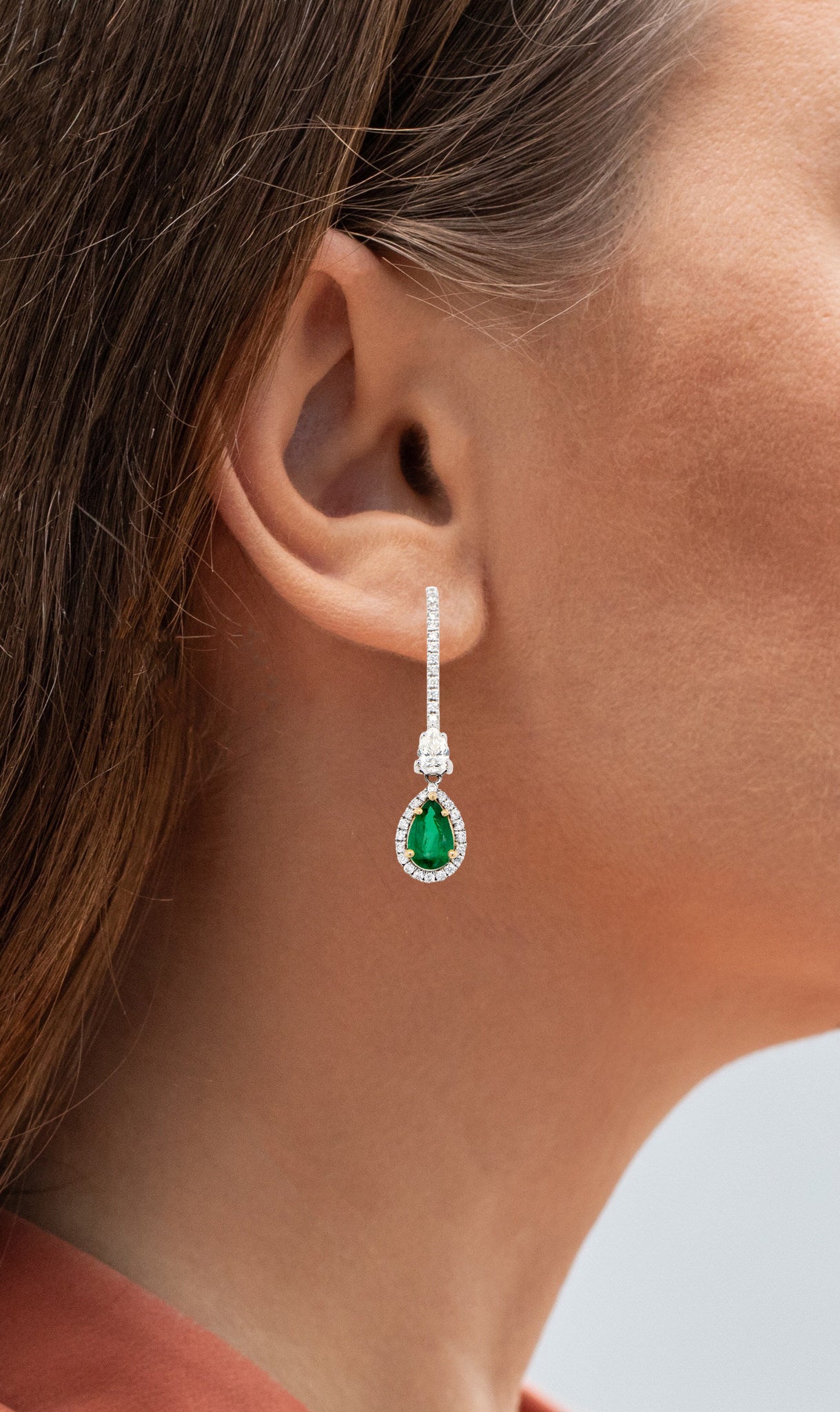 Pear Cut Emerald Dangle Earrings Set with Diamonds 4.64 Carats 18K Gold