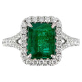 Emerald Ring Diamond Halo Setting 3.2 Carats 18K White Gold
