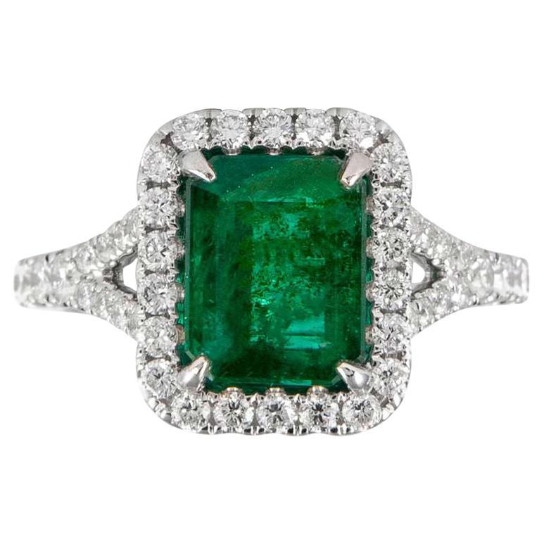 Emerald Ring Diamond Halo Setting 3.2 Carats 18K White Gold