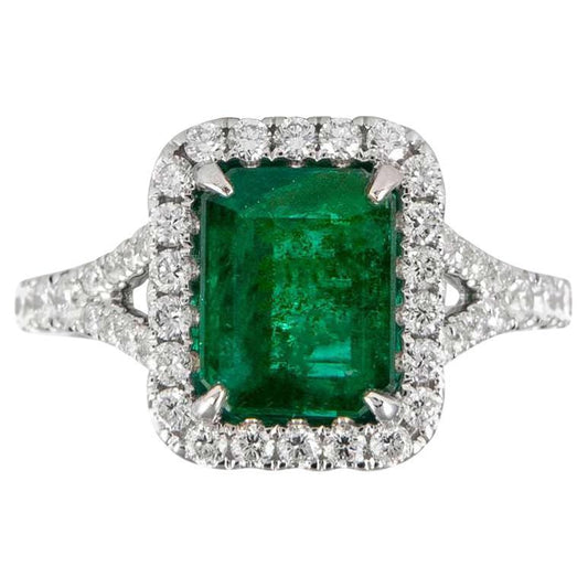 Emerald Ring Diamond Halo Setting 3.2 Carats 18K White Gold