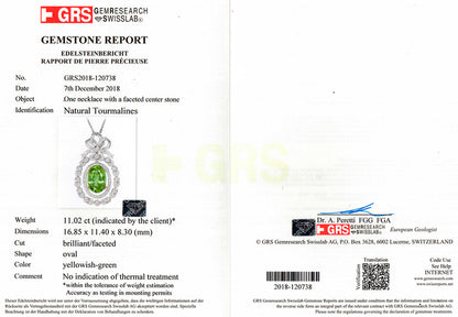 GRS Certified Natural Unheated Green Tourmaline Pendant Diamonds 12 Carats 18K