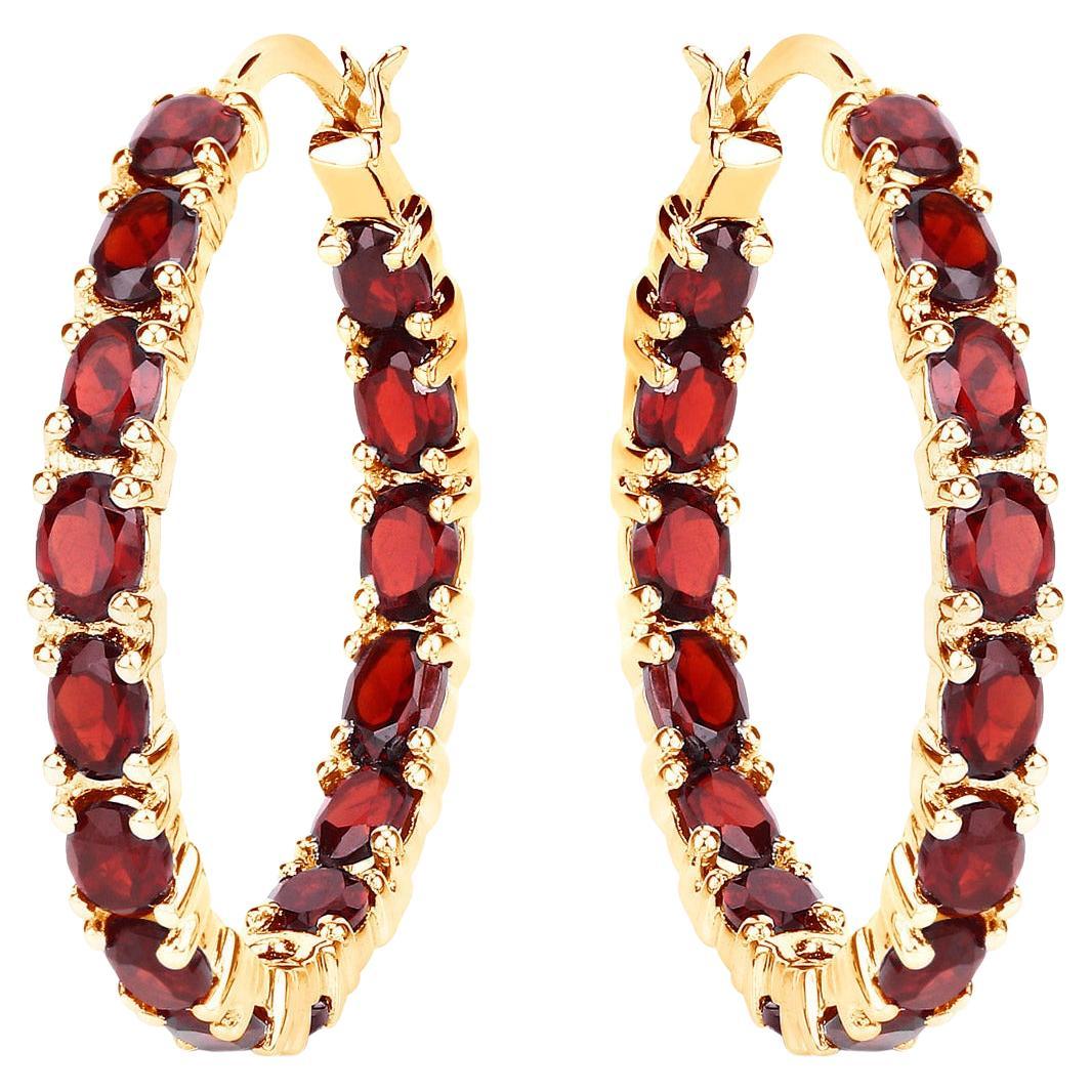 Garnet Hoop Earrings 6 Carats 14K Yellow Gold Plated Silver