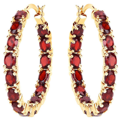 Garnet Hoop Earrings 6 Carats 14K Yellow Gold Plated Silver