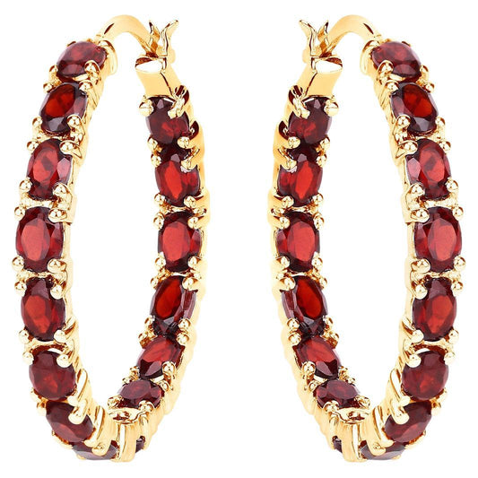 Garnet Hoop Earrings 6 Carats 14K Yellow Gold Plated Silver