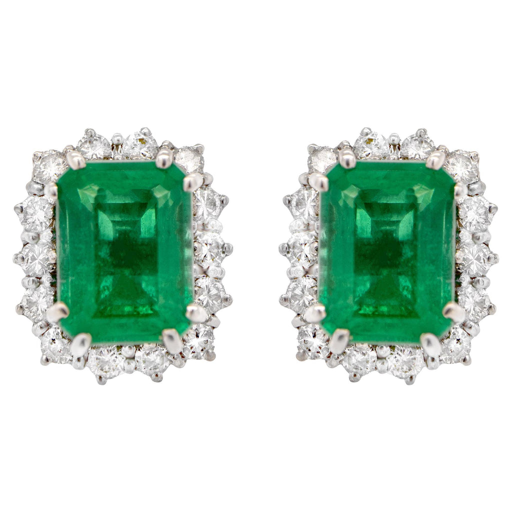 IGI Certified Emerald Stud Earrings Diamond Halo 4.49 Carats 18K Gold