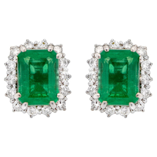 IGI Certified Emerald Stud Earrings Diamond Halo 4.49 Carats 18K Gold