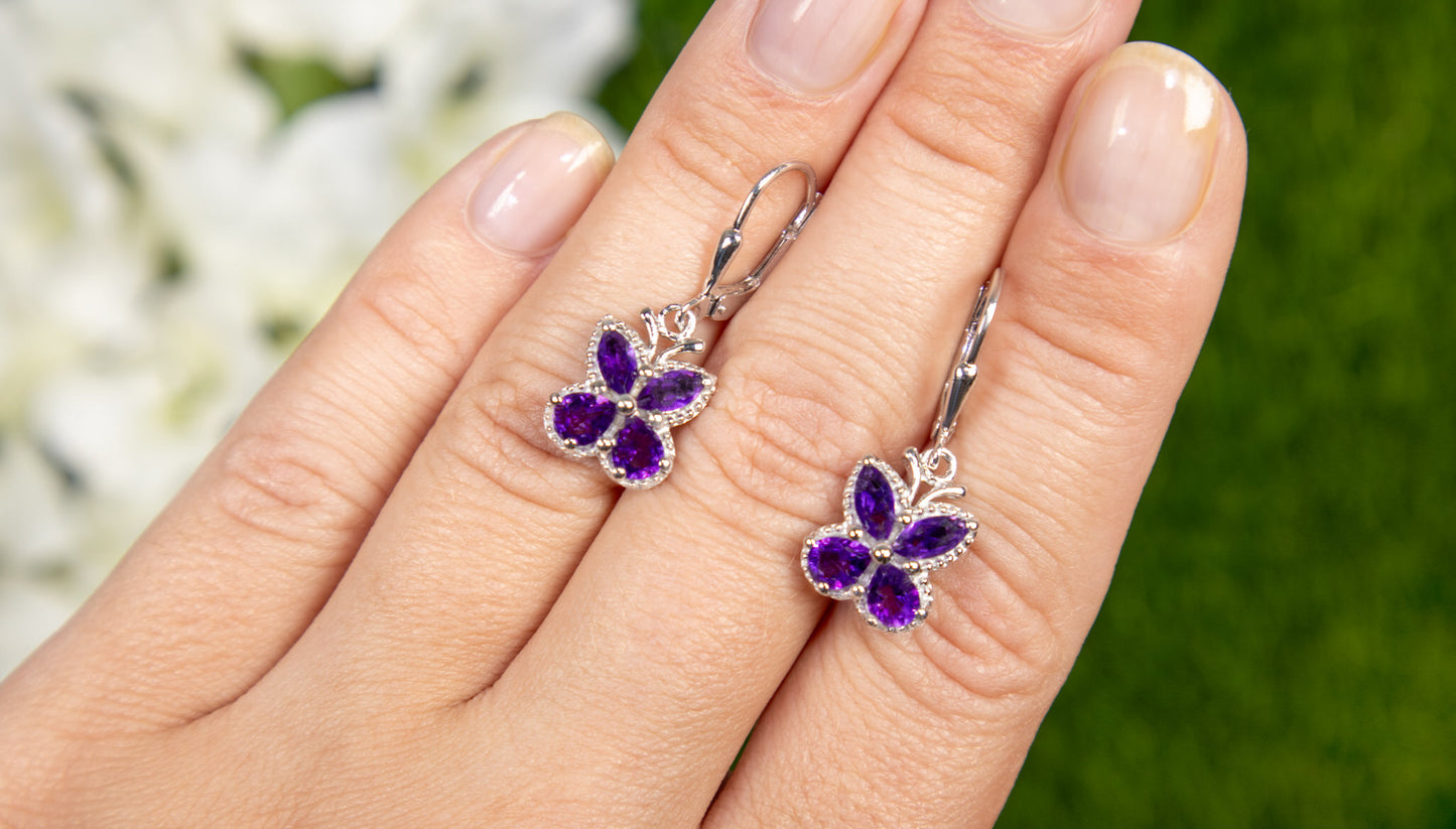 Amethyst Butterfly Earrings 2.12 Carats Rhodium Plated Sterling Silver