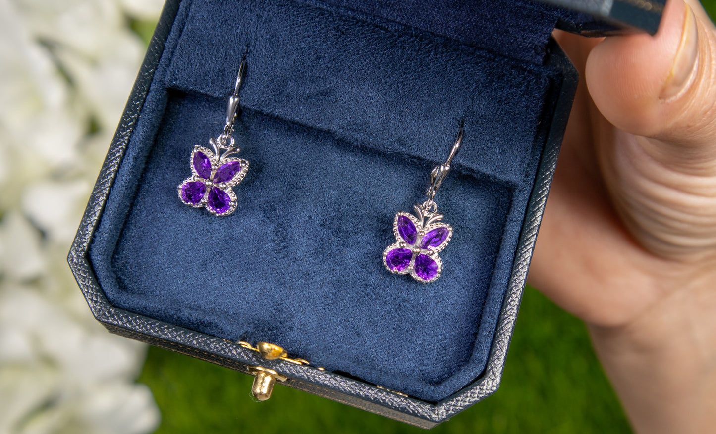 Amethyst Butterfly Earrings 2.12 Carats Rhodium Plated Sterling Silver