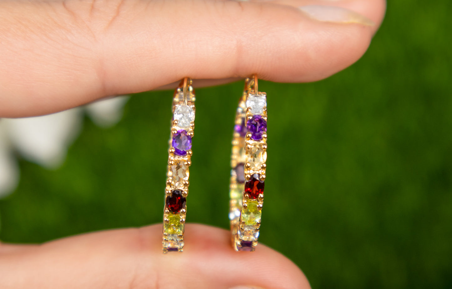 Multicolor Gemstones Hoop Earrings 5.4 Carats 14K Yellow Gold Plated Silver