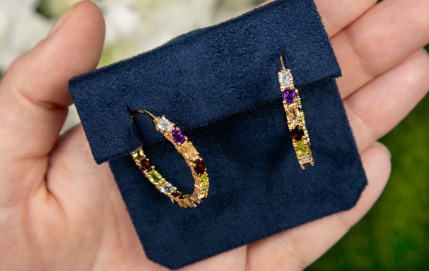 Multicolor Gemstones Hoop Earrings 5.4 Carats 14K Yellow Gold Plated Silver