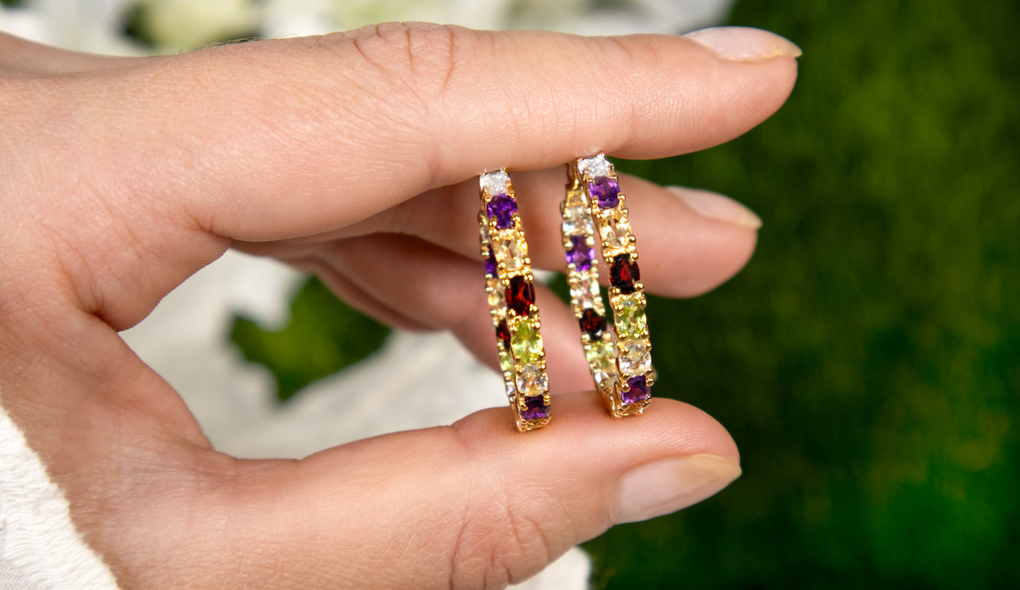 Multicolor Gemstones Hoop Earrings 5.4 Carats 14K Yellow Gold Plated Silver